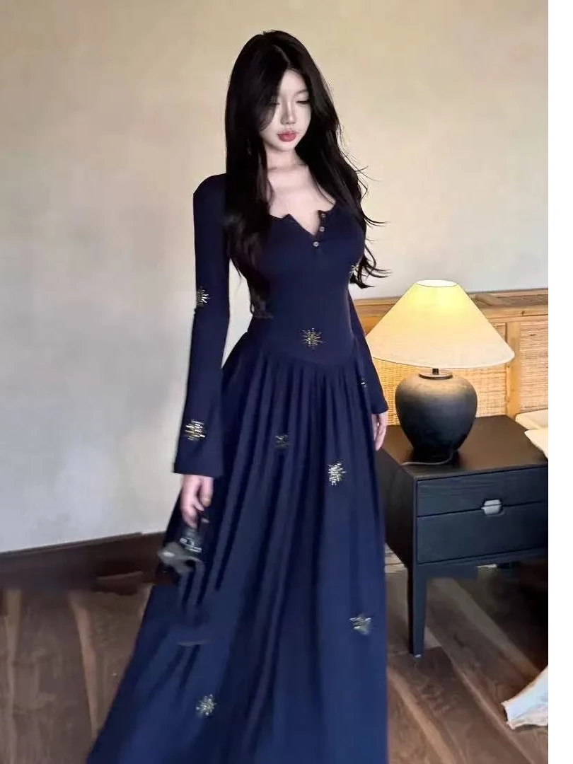 Ele Pure Desire Long Sve bestickter Dr. V-Ne A-Linien-Rock mit hoher Taille, lässiger SLE-Polyesterfaser, Winter-Dr