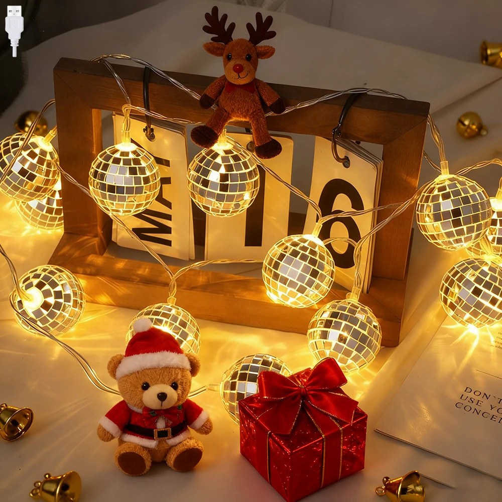 3M/20LED USB Disco Mirror Ball  String Lights,Disco Ball LED String Light Reflective Bright Ball Lamp for Indoor Party Decor
