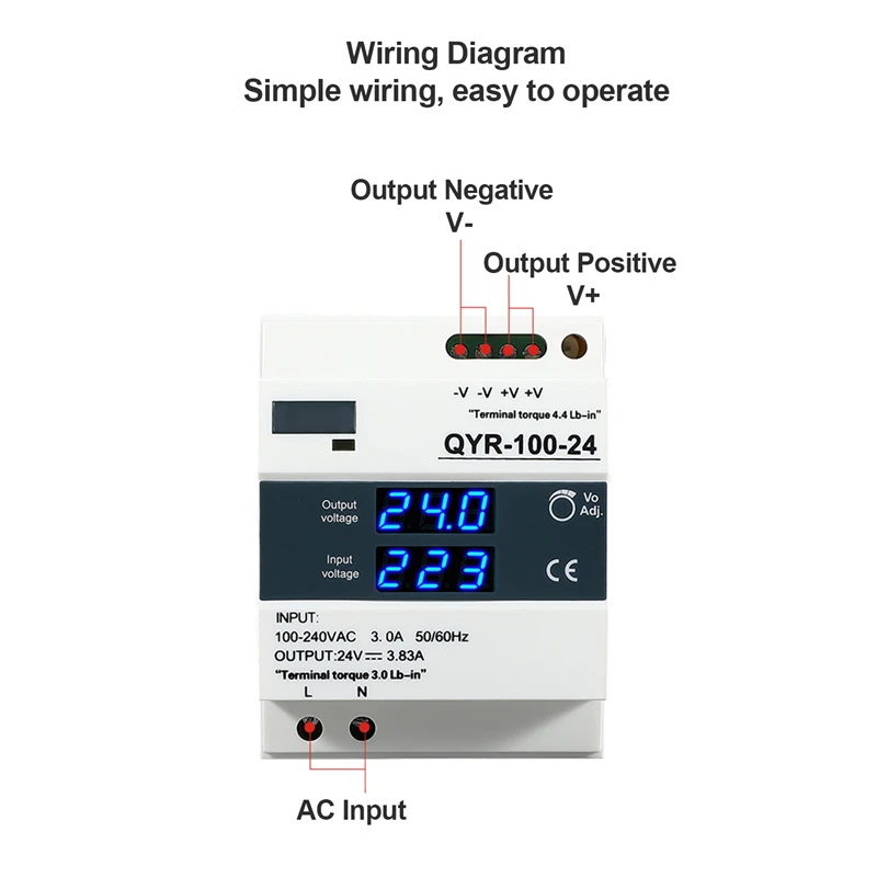 100W DIN Rail Switching Power Supply AC-DC 12V 24V Digital Display Input Output Voltage Monitor Compact Universal 100-240VAC