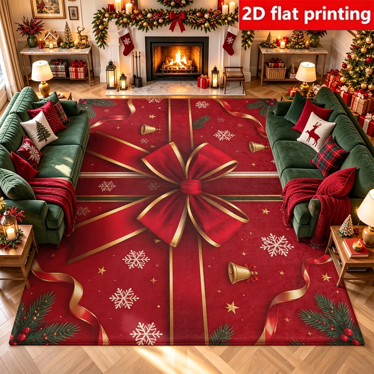 1pc 2D Flat Christmas Gift Bow Ribbon Snowflake Bell Holly Printed Floor Mat, Decorative Rug for Living Room, Bedroom, Home