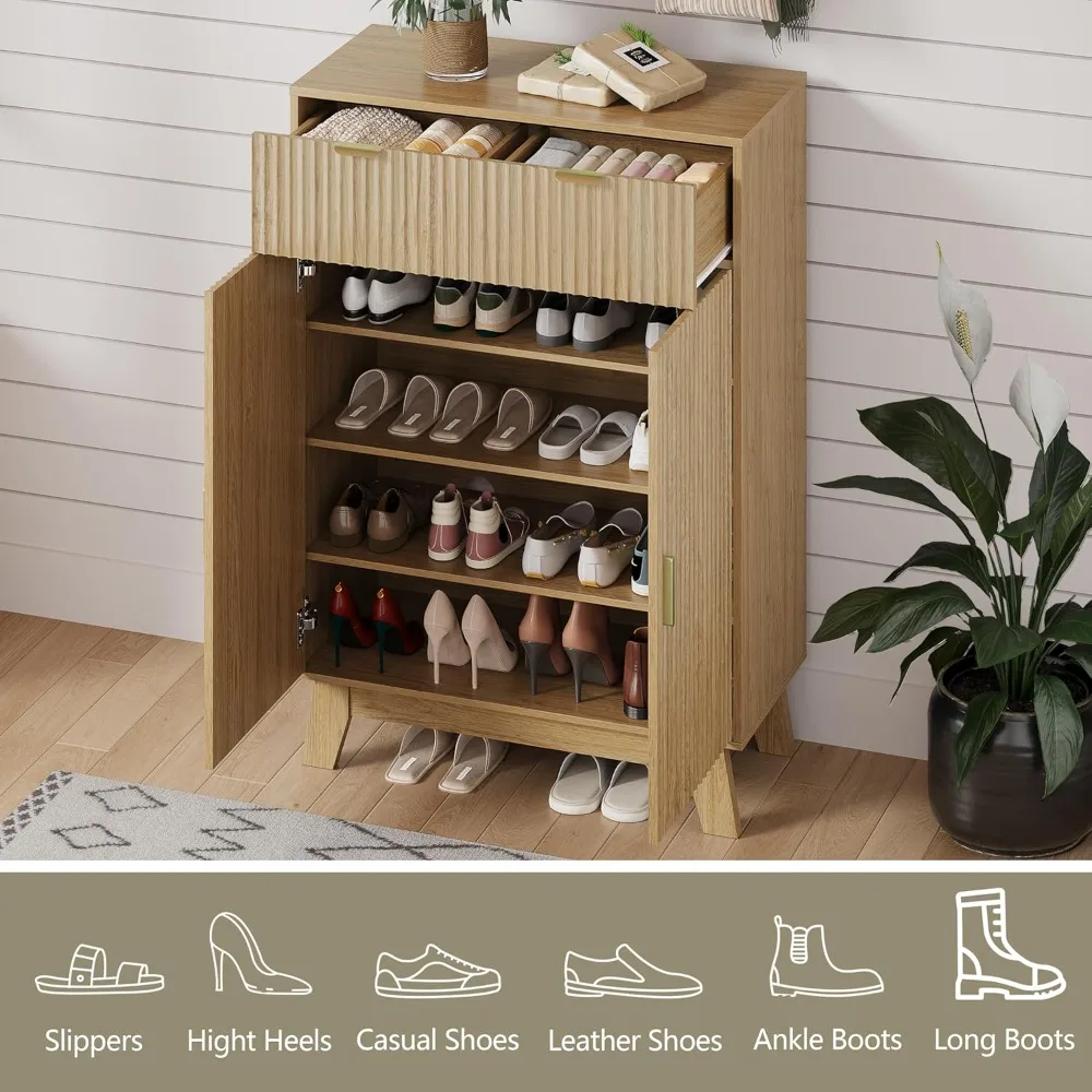 

Shoe Cabinet Storage for Entryway, 4 Tier Fluted Shoe Storage Cabinet with 2 Drawers, Narrow Hidden Shoe Organizer, Customized