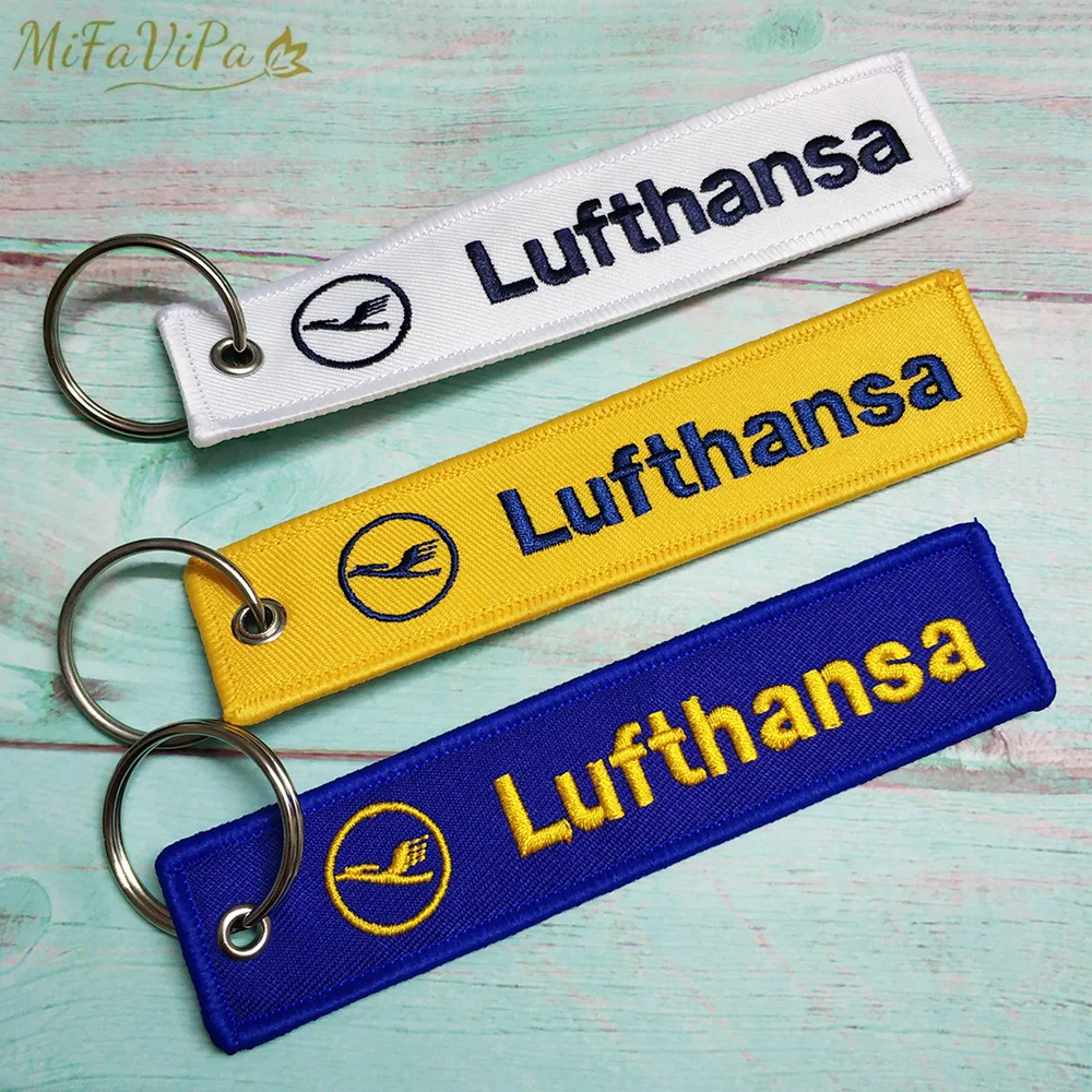 MiFaViPa 3 PCs Blue Yellow White Lufthansa Keychain Fashion Embroidery Aviation Key Chain for Men Gift Flight Crew Luggage Tag