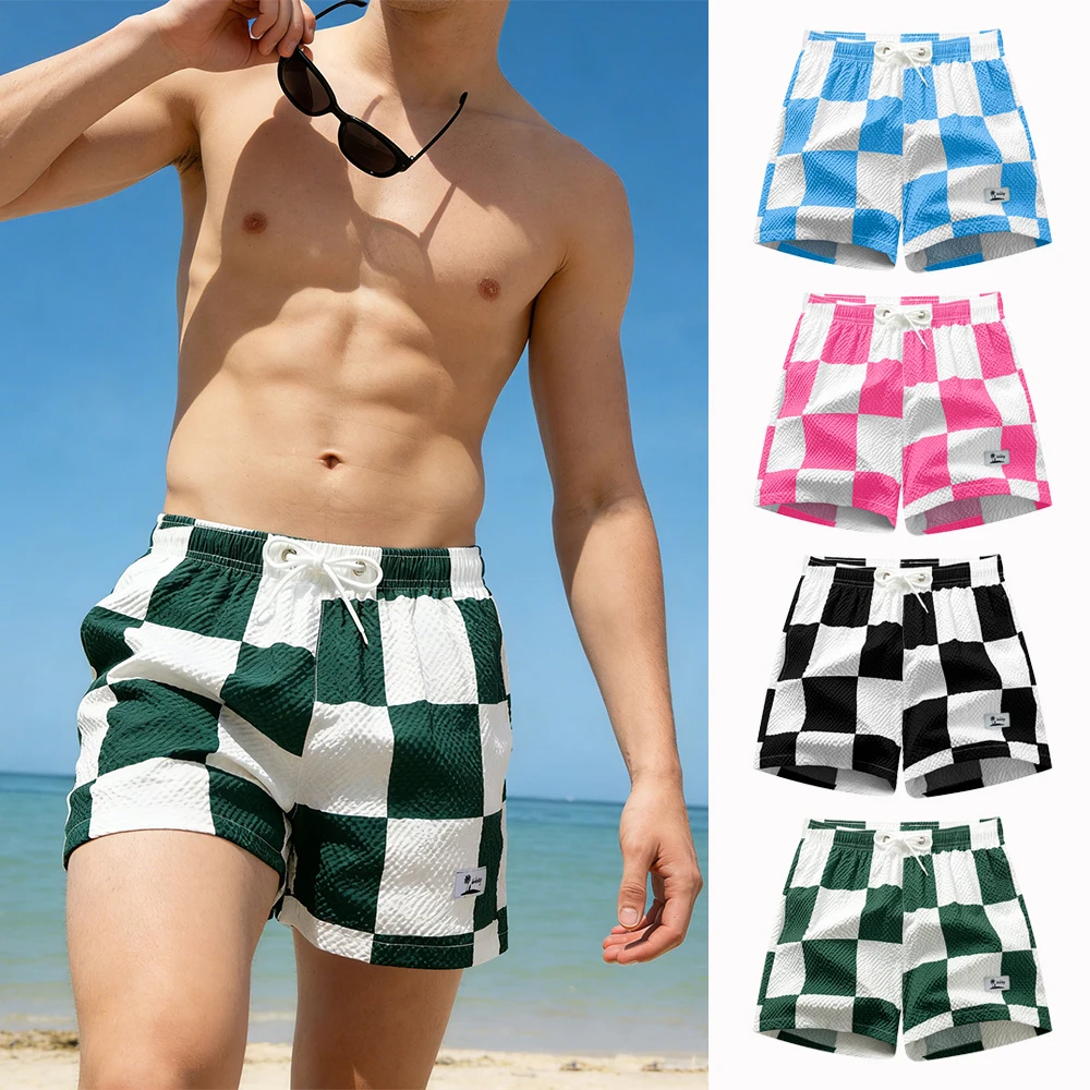 

Summer Men's Quick Dry Checkered Swim Trunks with Mesh Lining Pockets Elastic Waist Drawstring Casual Surfing Beach Pants