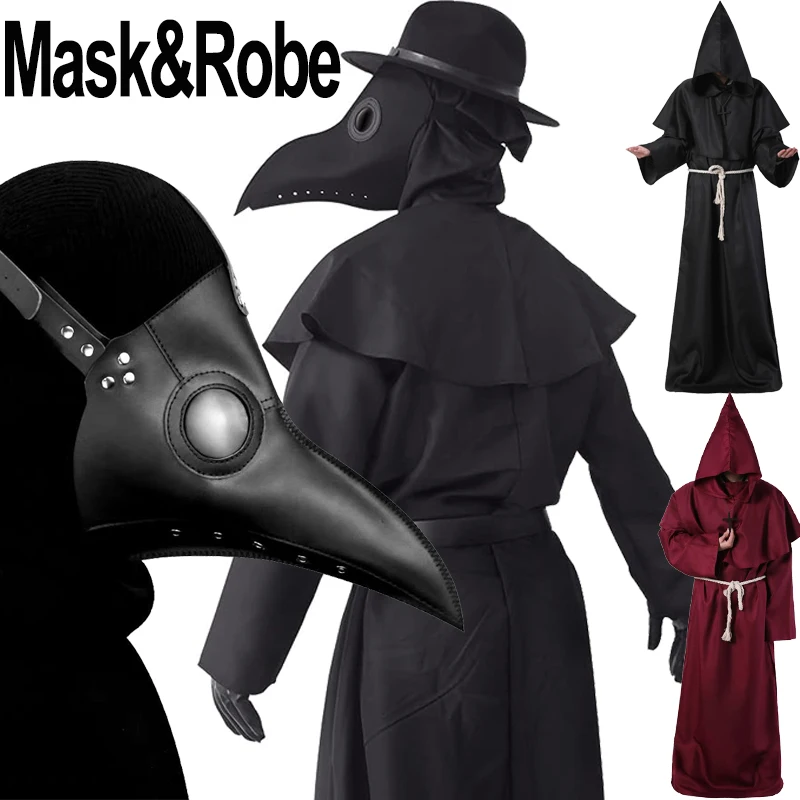 Medieval Men's Cloak Halloween Robe Wizardry Costume Plague Bird Mouth Mask Horrible Role Playing Costume Props Pastor Monk Gown