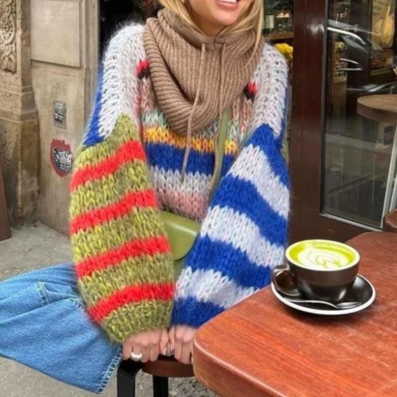 Deeptown Vintage Colorful Striped Sweaters Women Elegant Fashion Knitted Pullover Oversized Long Sleeves Sweater Retro Street