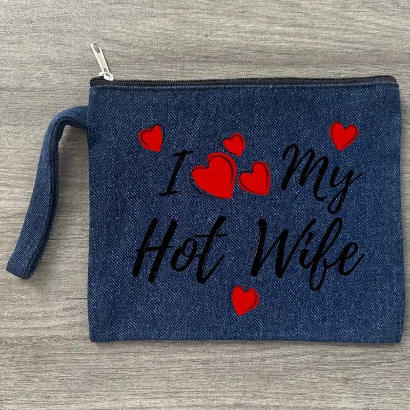 

I Love My Hot Wife Denim Fashion Makeup Bag Travel Storage Bag Canvas Printed Letter Zero Wallet, Small Item Storage
