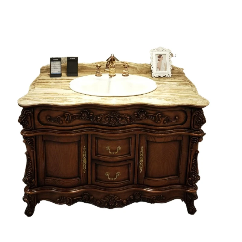 New European Solid Wood Bathroom Cabinet Floor-to-ceiling, Simple European Bathroom Bathroom Cabinet Antique Washstand Cabinet