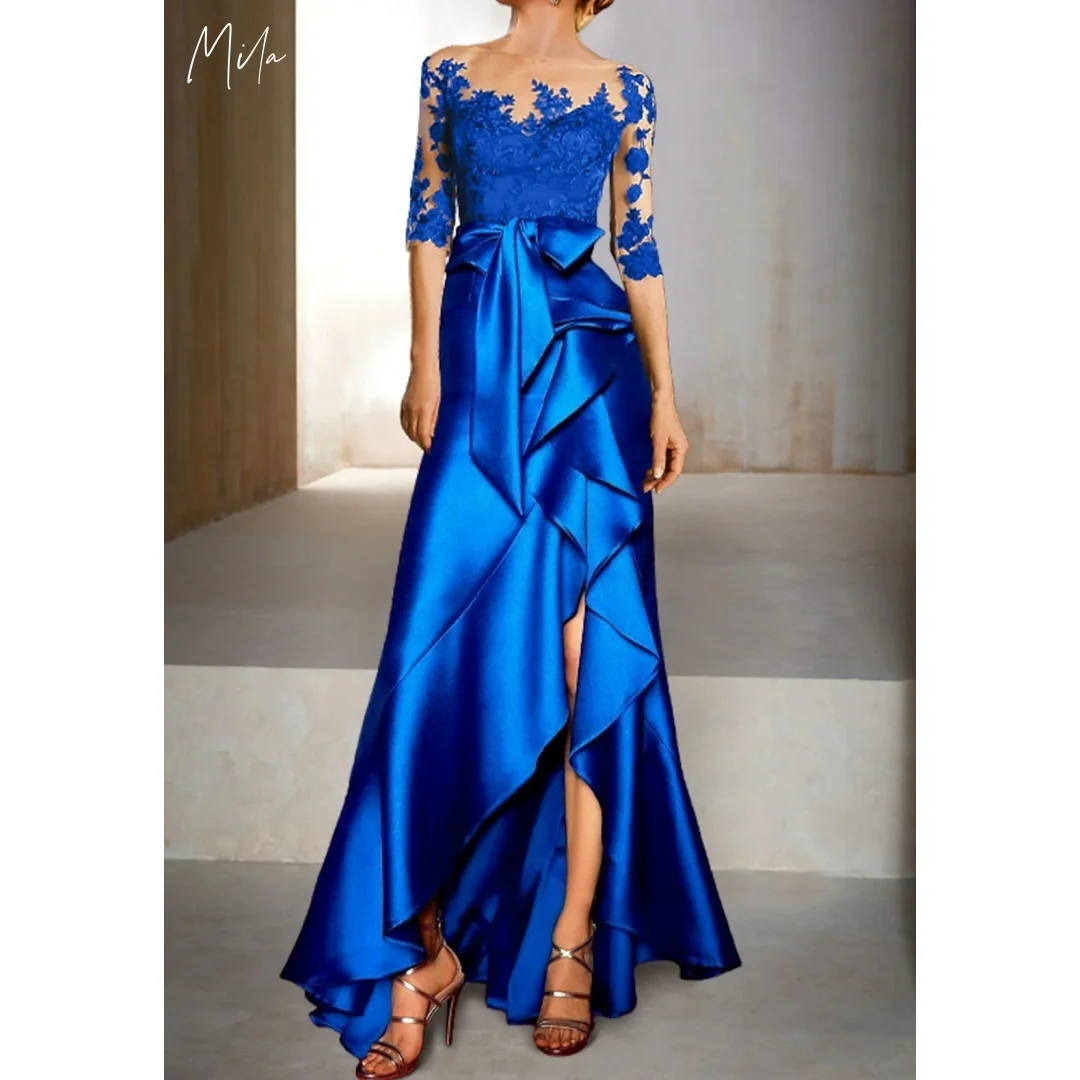 

Mila Royal Blue Prom Dresses Sheer Illusion Neckline Lace Appliqué 3/4 Sleeves Satin Ruffled Skirt High Slit Customized 2026
