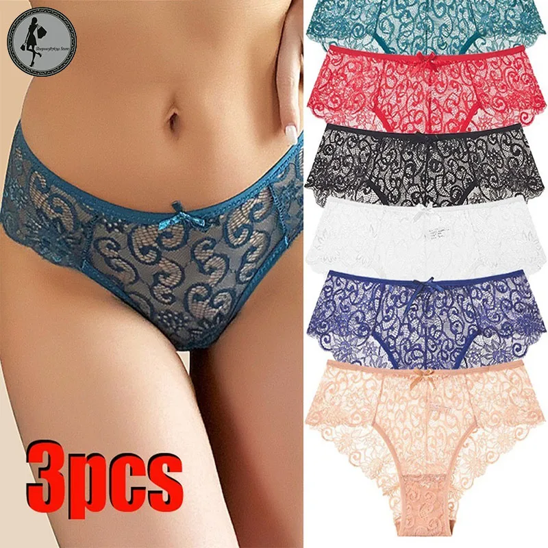 

1-3pcs Women Lace Panty Set Mid Waist Sexy Panties Hollow See Through Briefs Underwear