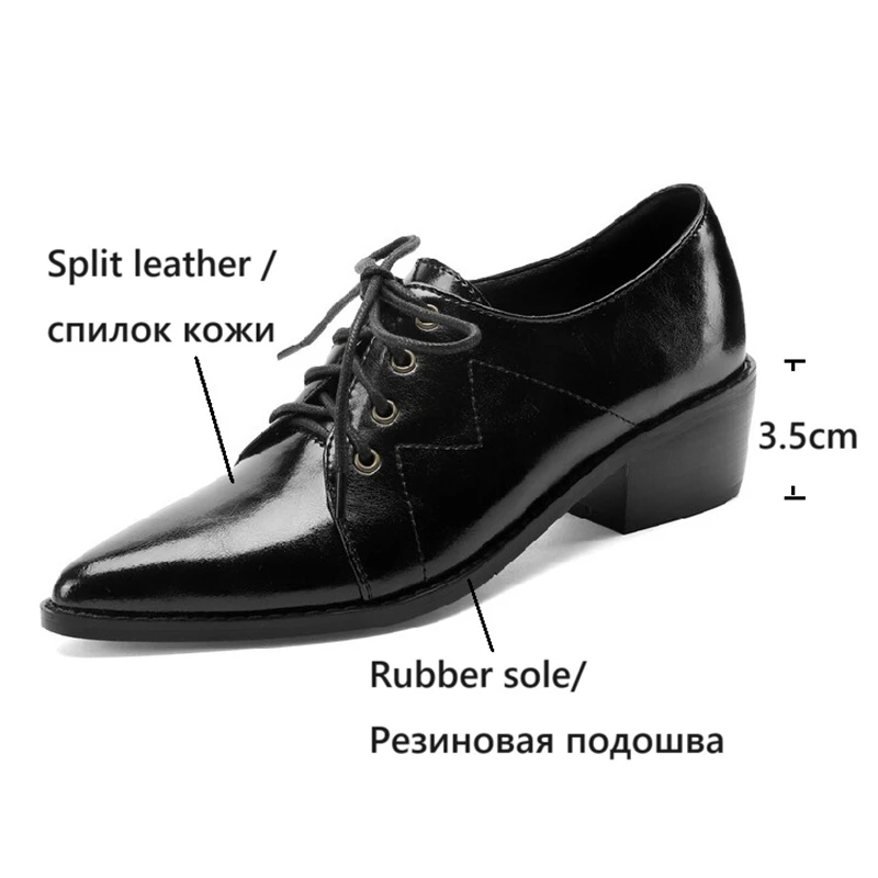 NEW Spring/Autumn Women Pumps Split Leather Shoes for Women Pointed Toe Chunky Heel Shoes Casual Black Lace-up Handmade Shoes