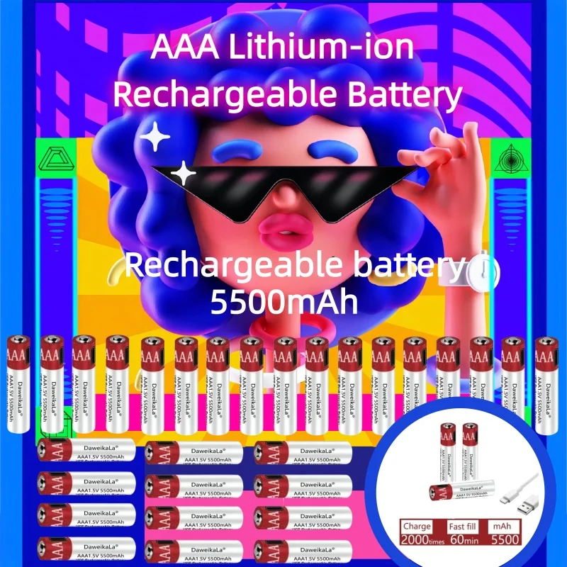 

AAA 5500mAh 1.5V Lithium-ion Rechargeable Battery USB Charging for Remote Control/Wireless Mouse/Keyboard W/Cable Long Lasting