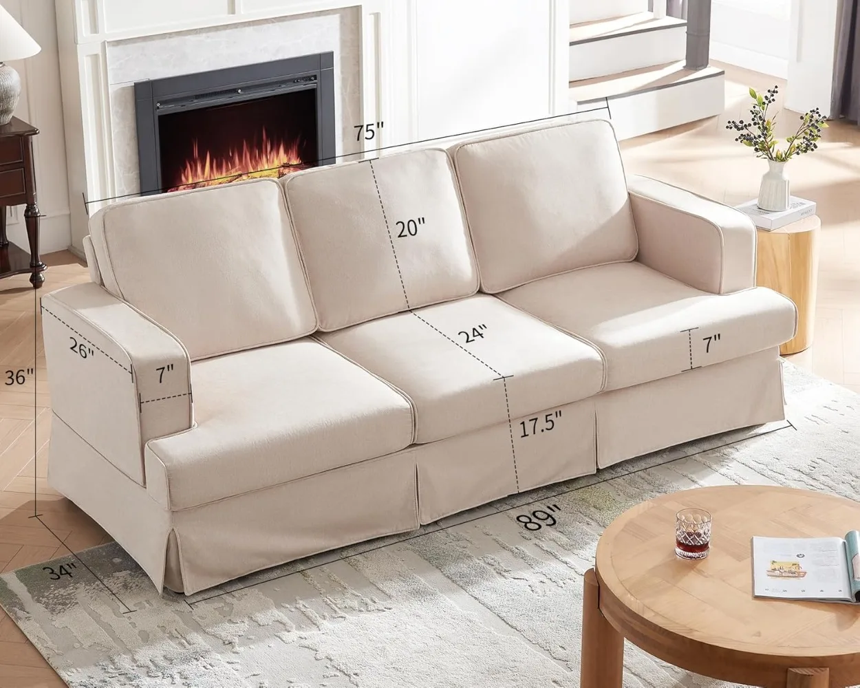 Modern Sofa, 89 inch Slipcovered Sofa, 3 Seater Sofa with Removable Cover, Extra Deep Couch for Living Room, Linen Beige Sofa