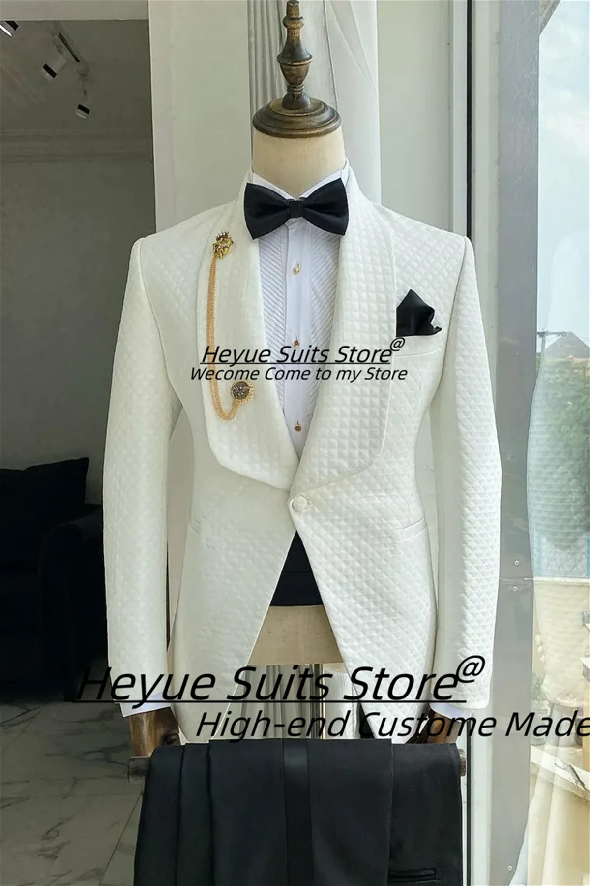 

High-end Elegant White Huagefu Men Suits Slim Shawl Lapel Groom Wedding Tuxedos 2 Pieces Sets Handsome Male Blazers Ropa Hombre