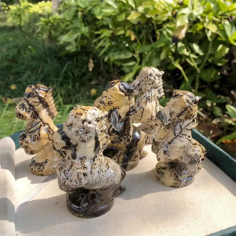 Natural Picture Stone Horse Carving Healing Crystal Reiki Figurine Gemstone Ornament Craft Gift 1PCS