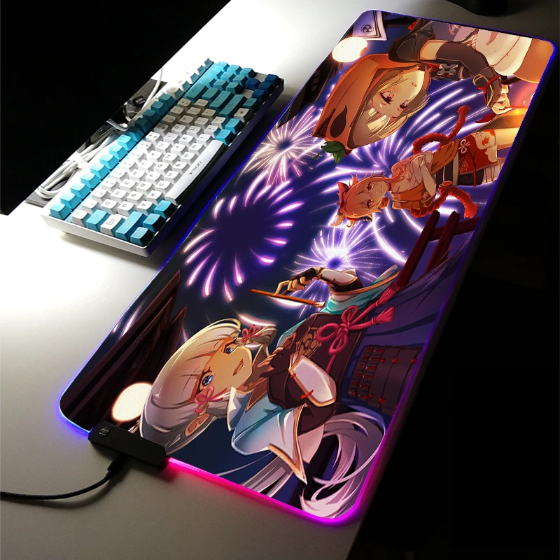 

Genshin Impact RGB LED Light Gaming Accessories Led Cute Anime Girl Sayu MousePad Carpet Large Mechanica Keyboard Game Desk Mat