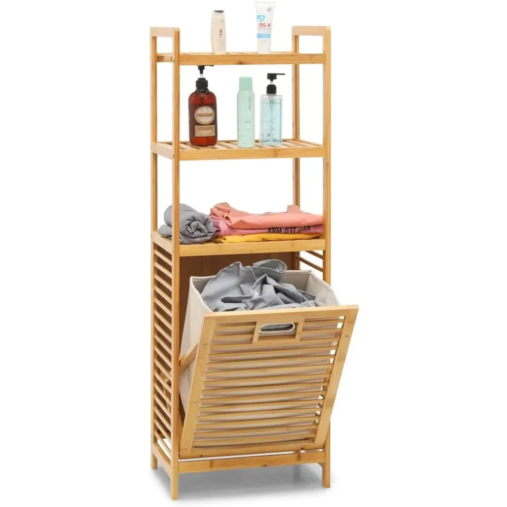 

3-Tier Bamboo Tilt-Out Laundry Hamper with Pull-Out Basket,46.5" High Laundry Organizer Shelf Cabinet for Bathroom &Laundry Room