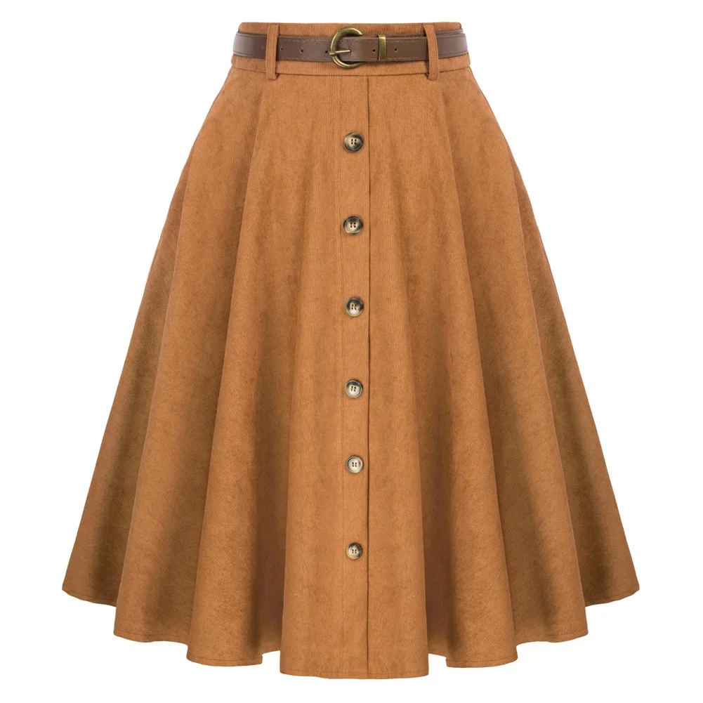 BP Women Corduroy Swing Skirts With Belt Elastic High Waist Mid-Calf Skirts Vintage A-Line Flare Skirts Retro Ladies Elegant