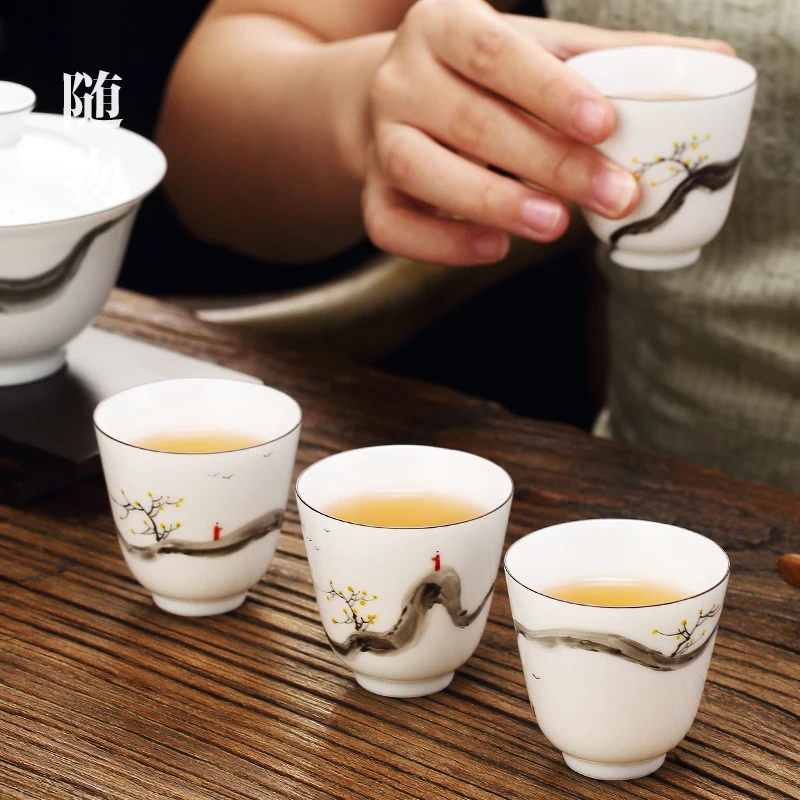 Ink Style Hand-painted TasTing CeramiC Master Cups, White Porcelain Kung Fu SetS, Single Tea