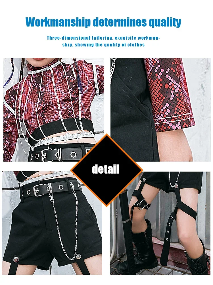 ZZL K-pop Stage Outfit for Girls 2 Pcs Rose Red Black Costume Jazz Dance Hip-hop Fashion Clothes Catwalk Performance Wear