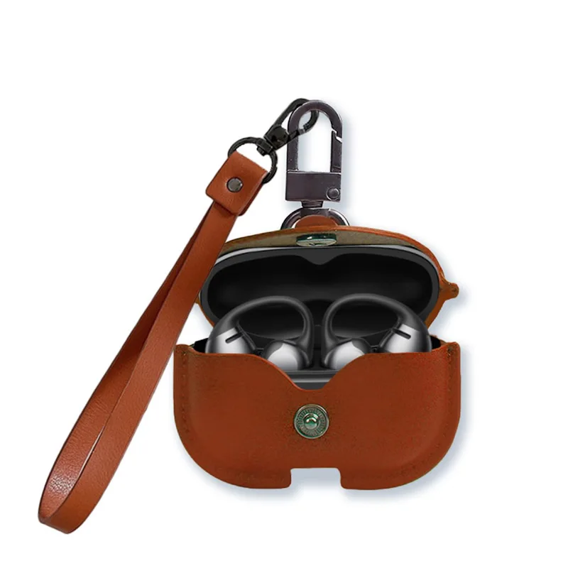 Hülle für SHOKZ OpenDots 2 Open-Ear-Ohrhörer, Vintage-PU-Leder, stoßfeste Schutzhülle mit Handschlaufe und Metallkarabiner