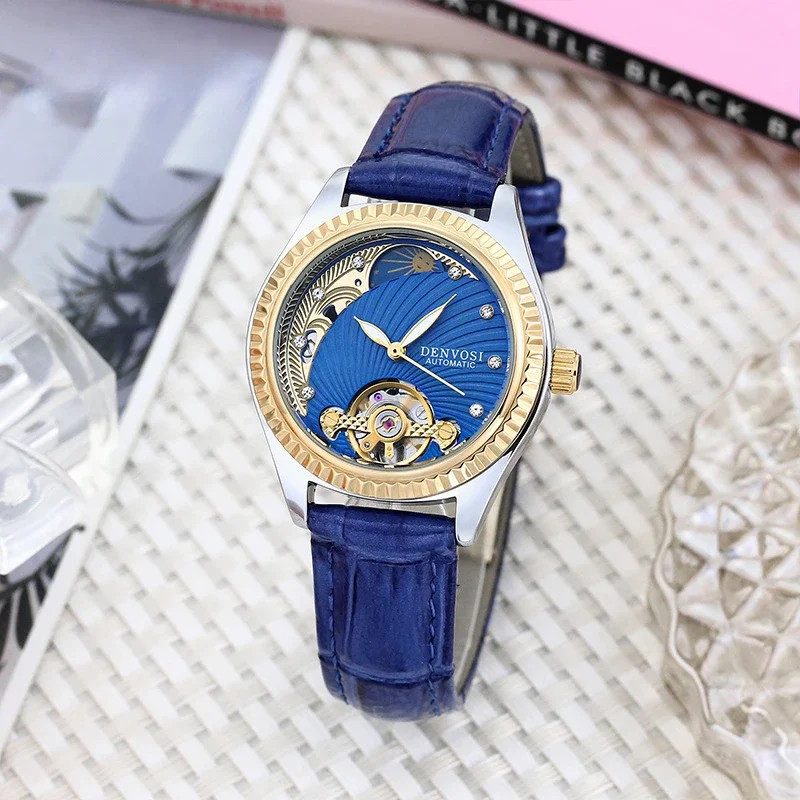 Women\'s Automatic Movement Mechanical Wristwatch Simple Fashion Machine Girls Watch Leather Luminous Flywheel Ladies Watches New