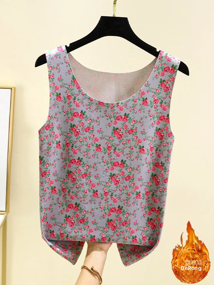 Thickened Fleece Warmth Vest Women's Winter plus Size Sleeveless Base Shirt Floral Print Top Mom Style Home Clothes