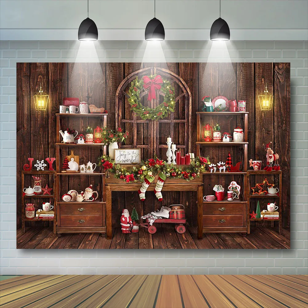 크리스마스 찬장 장식 나무 배경 화환 빨간 양말, 산타 클로스 스튜디오 사진 배경, 신생아 베이비 샤워 사진