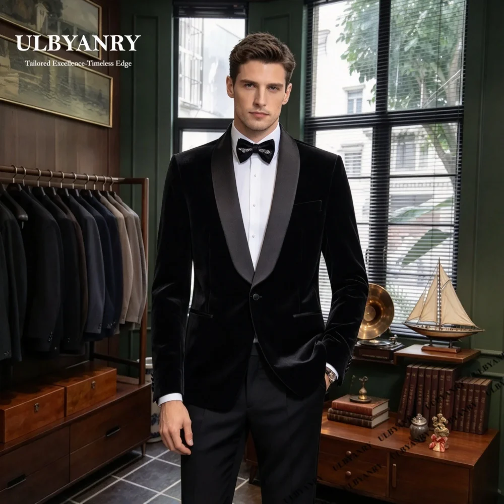 Men's Formal 2-Piece Suit Set Trend Velvet Single Button Suit Jacket Pants Set Evening Party Custom Suit Attire Prom Dresswear