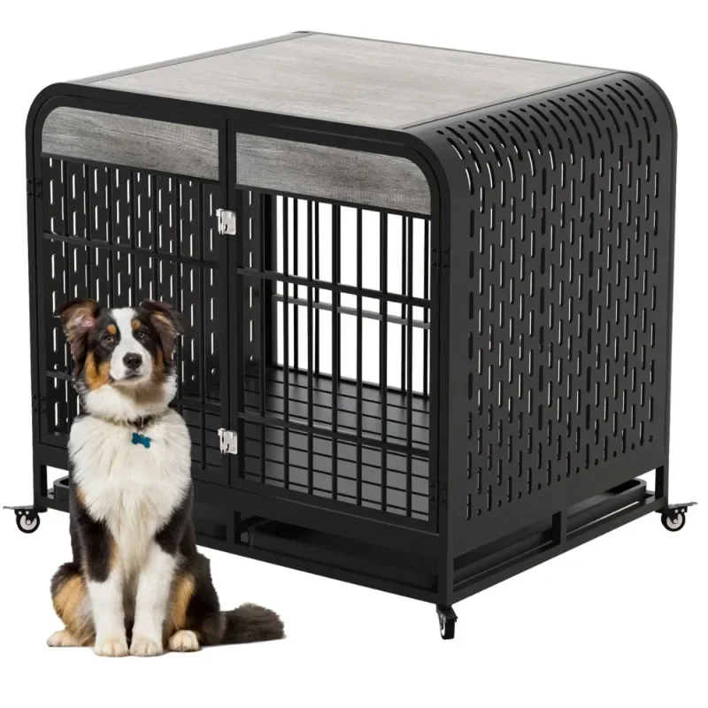 

Table Pet Dog Cage Kennel House Indoor Side End Table Decor Removable Trays Lockable Wheels for Medium and Large Dogs 42" Grey