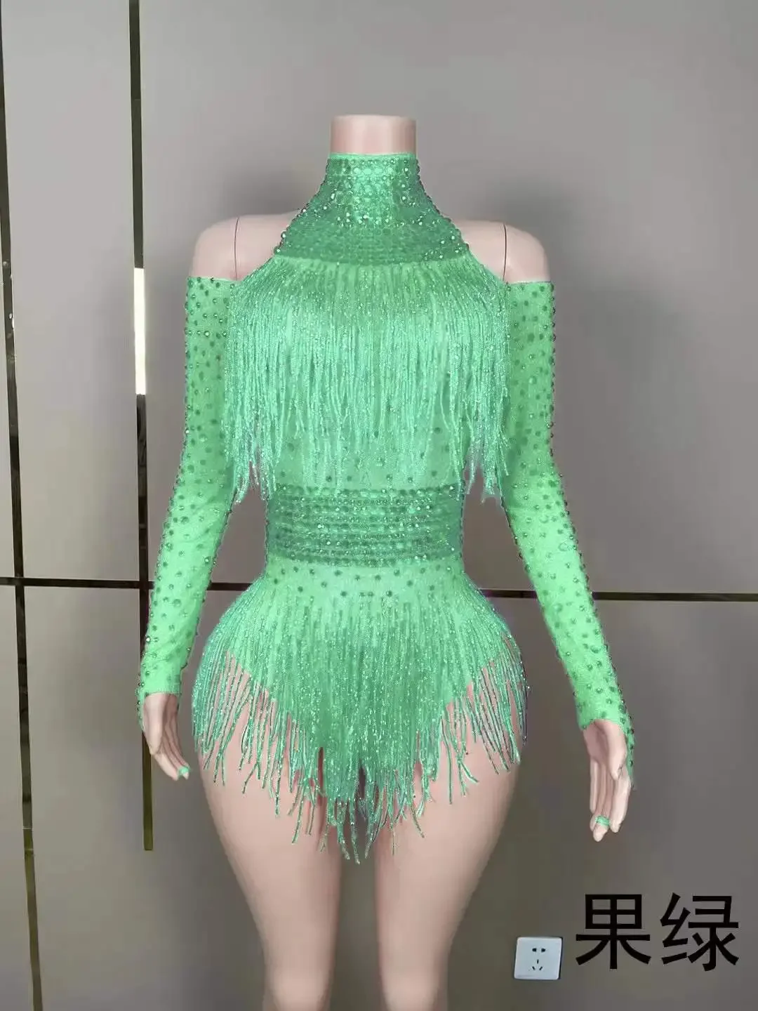 Sexy Women Fringe Rhinestone Stunning Bodysuits Long Sleeve Shinning Body Suits Latin Jazz Dance Drag Queen Costume Photography