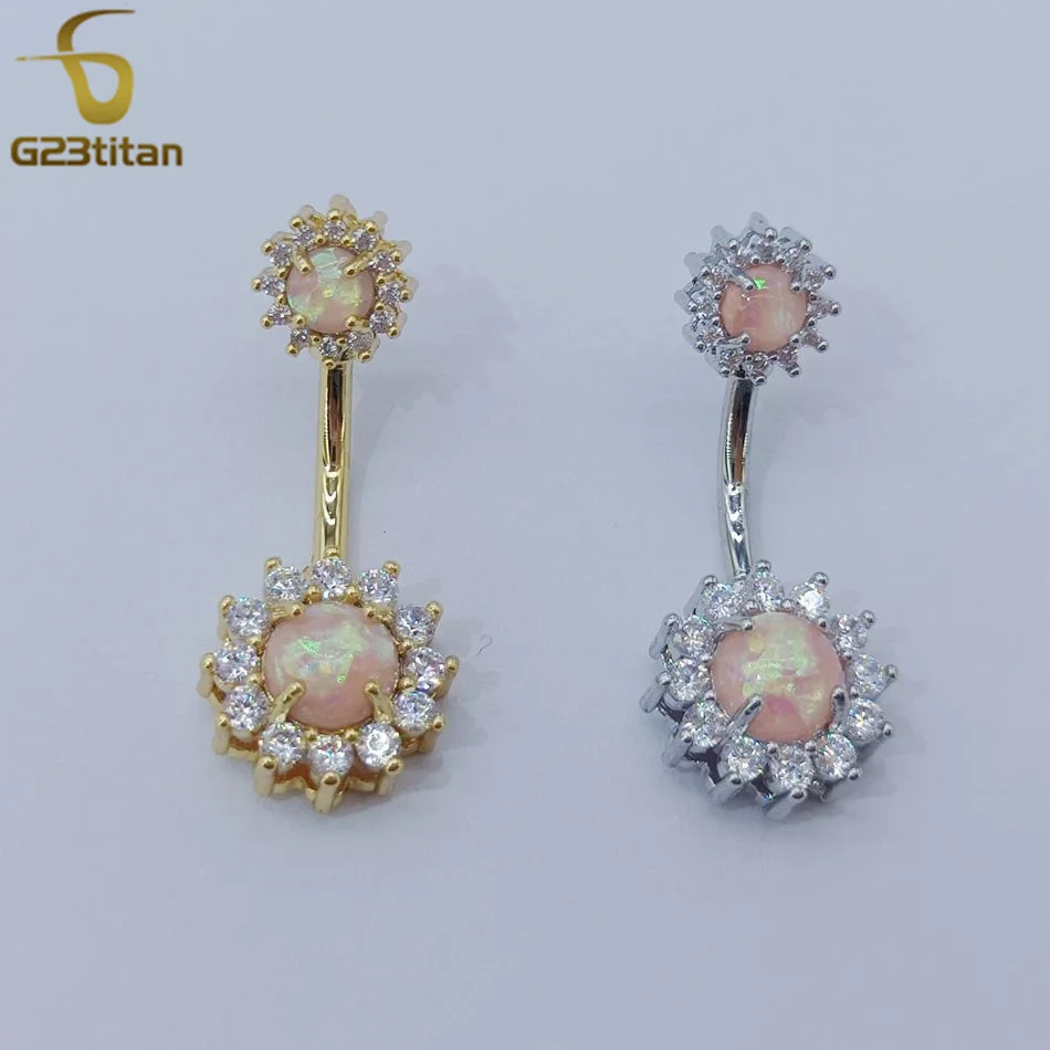 G23titan Pink Opal Crystal Sun Flower Belly Button Ring 14G Medical Titanium Bar Women Nombril Navel Piercing Ombligo Jewelry