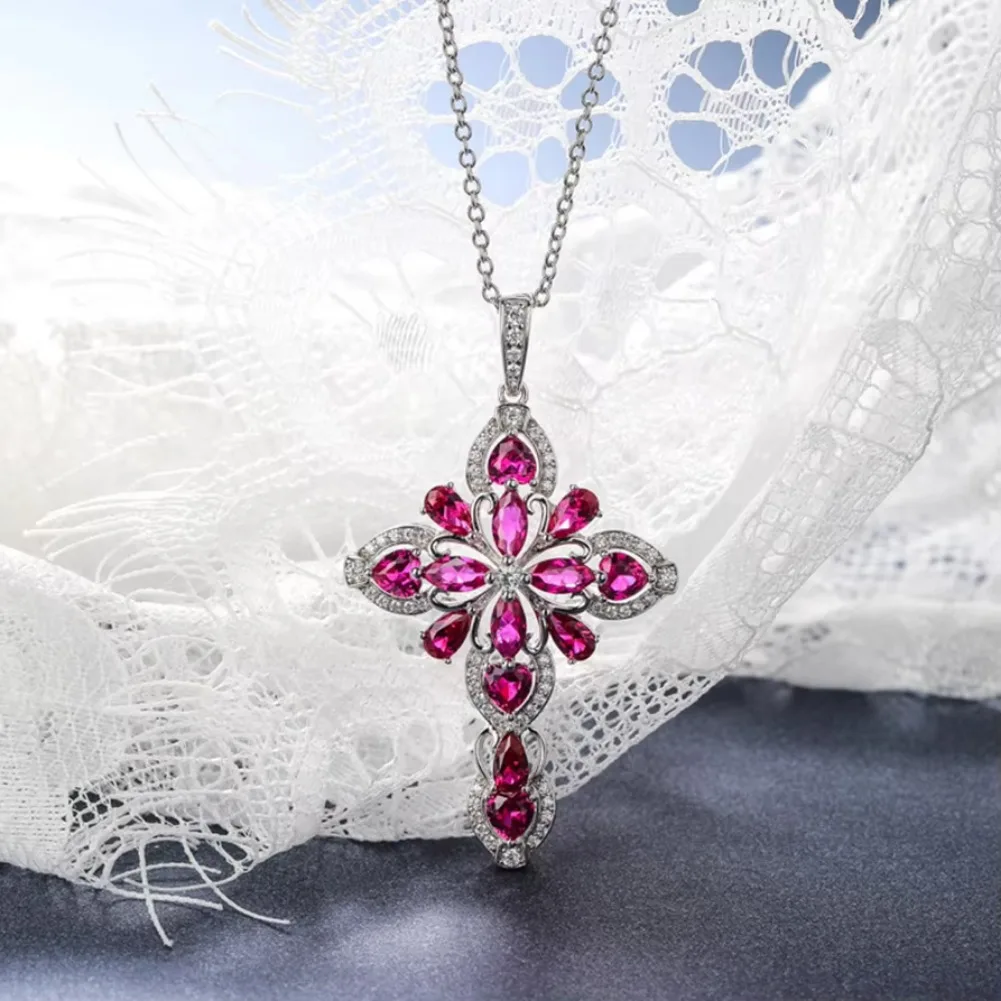 GZ ZONGFA Genuine 925 Sterling Silver Cross Pendant for Women  Created Ruby Big Cross Necklace Rhodium Plated Fine Jewelry