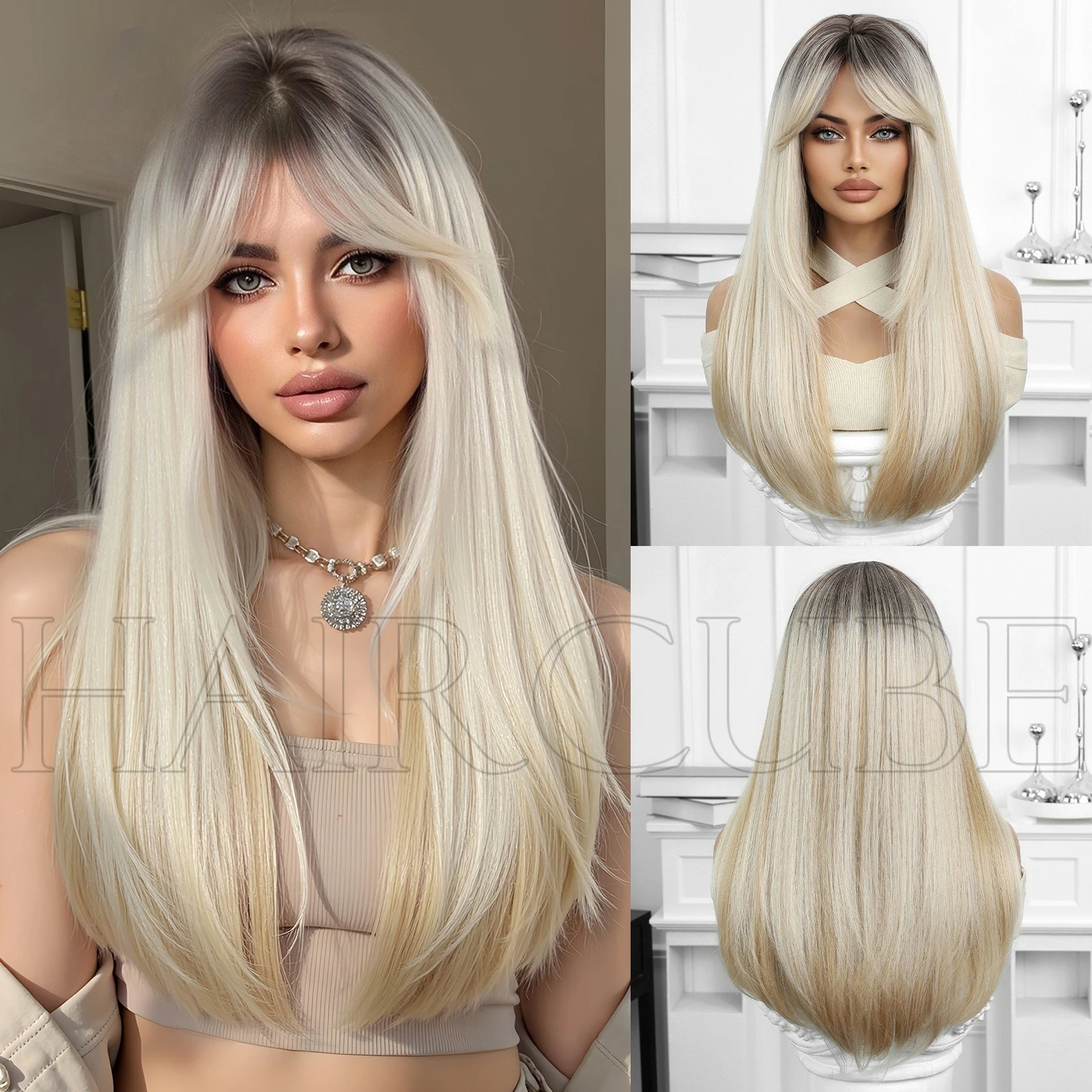 

wig headgear platinum top dyed eight-character bangs long straight hair 24inch European and American style high temperature silk