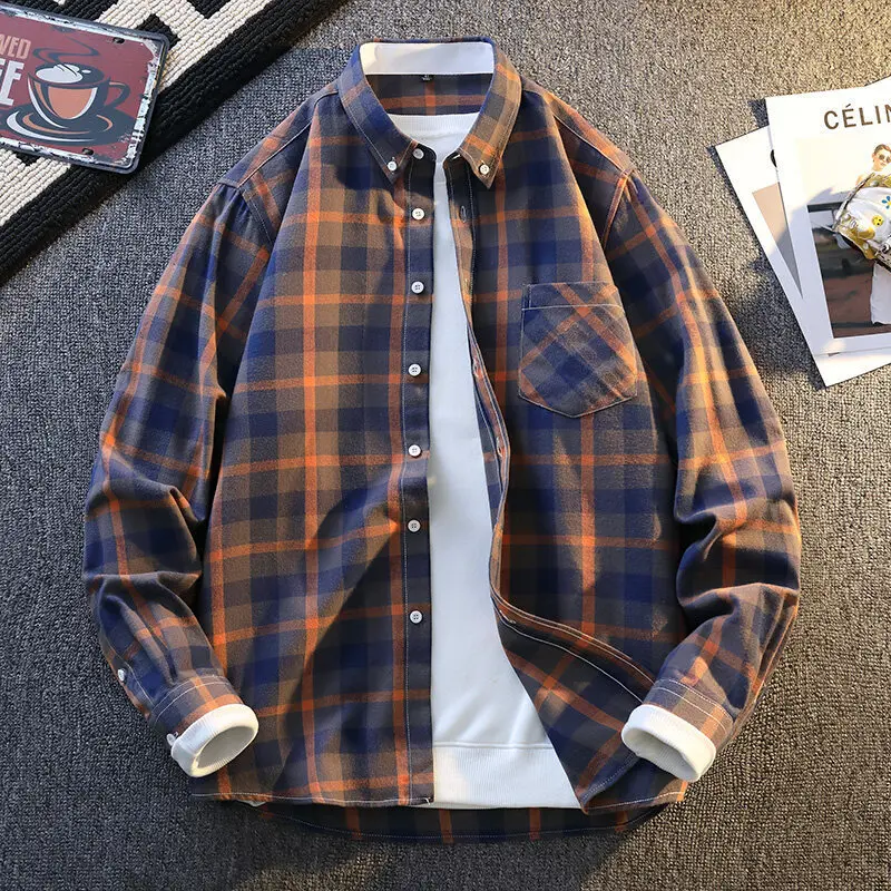 

Men's Spring and Fall New Collar Long-Sleeved Shirt Turtleneck Pocket Check Print Pattern Casual Trend Men's Latest Model