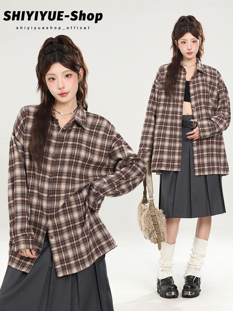 

Ретро-коричневая женская рубашка-жакет в клетку с длинными рукавами, повседневная, весенне-летняя, модная, для отдыха, с защитой от солнца