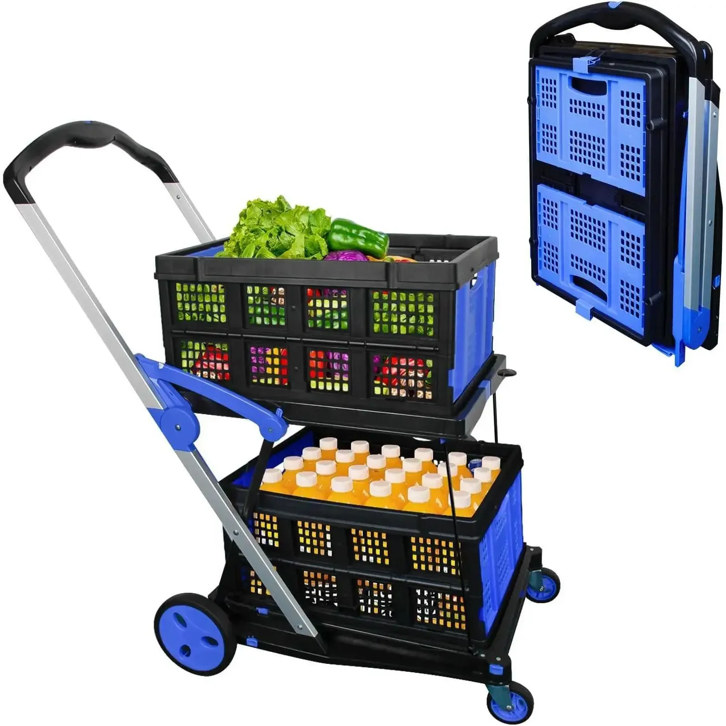

Shopping Cart with 2 Storage Crates, Multi Use Two Tier Collapsible Cart with 360° Rolling Swivel Wheels Heavy Duty Folding