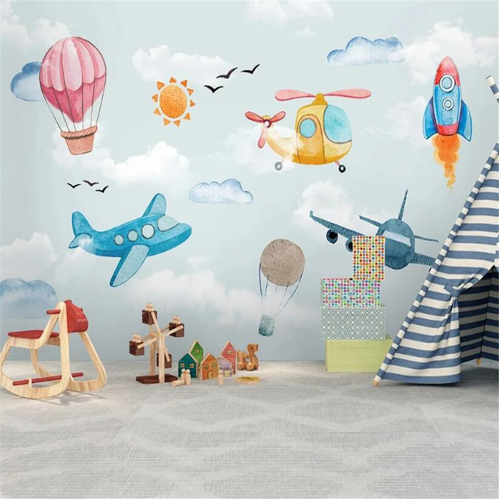 

Milofi custom 3D wallpaper mural Nordic minimalist hand-painted cartoon hot air balloon airplane children's room background wall