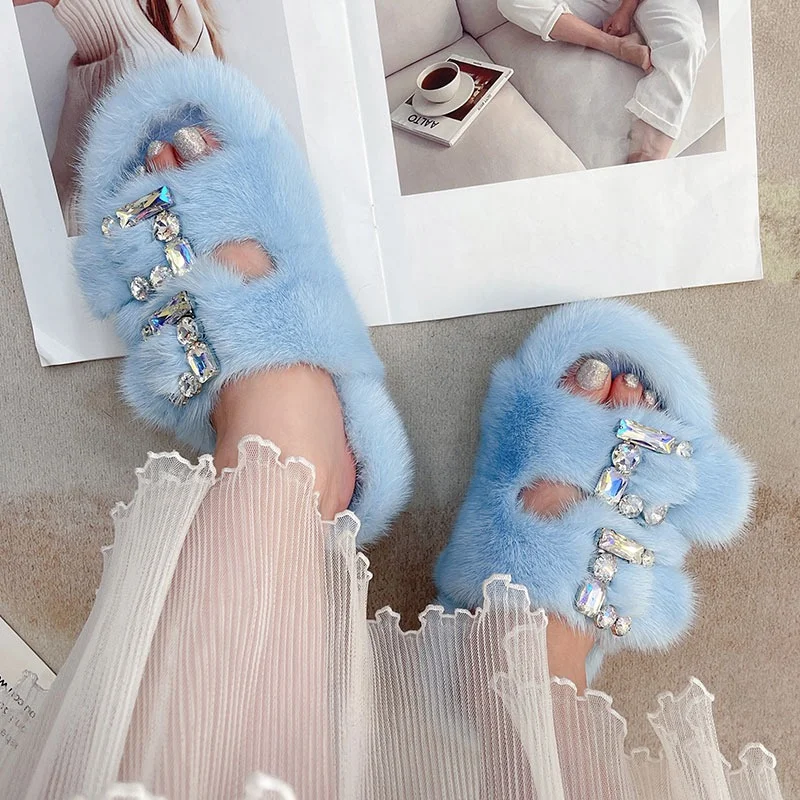 

Winter Luxury Thermal Fur Slippers Mink Fur Rhinestone Embellished Lace-up Slippers Women's Platform Trend Fur Slippers