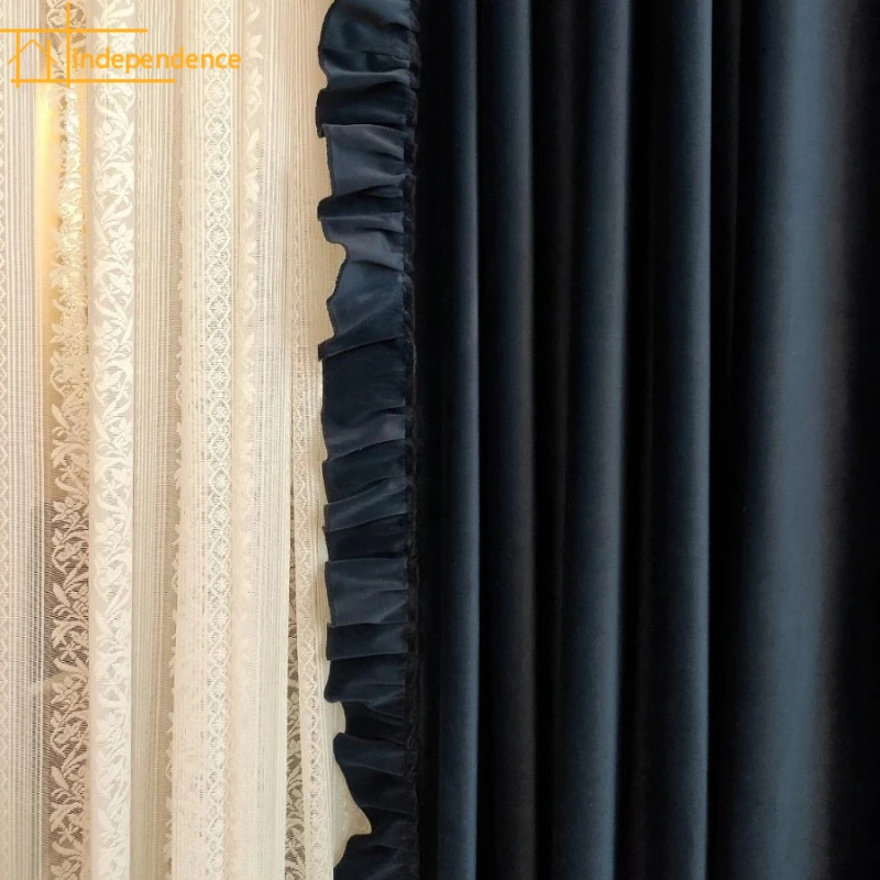 Deep Sea Blue Thickened Velvet Wood Ear Curtains for Living Room Bedroom French Window Balcony Customized Partition Curtain