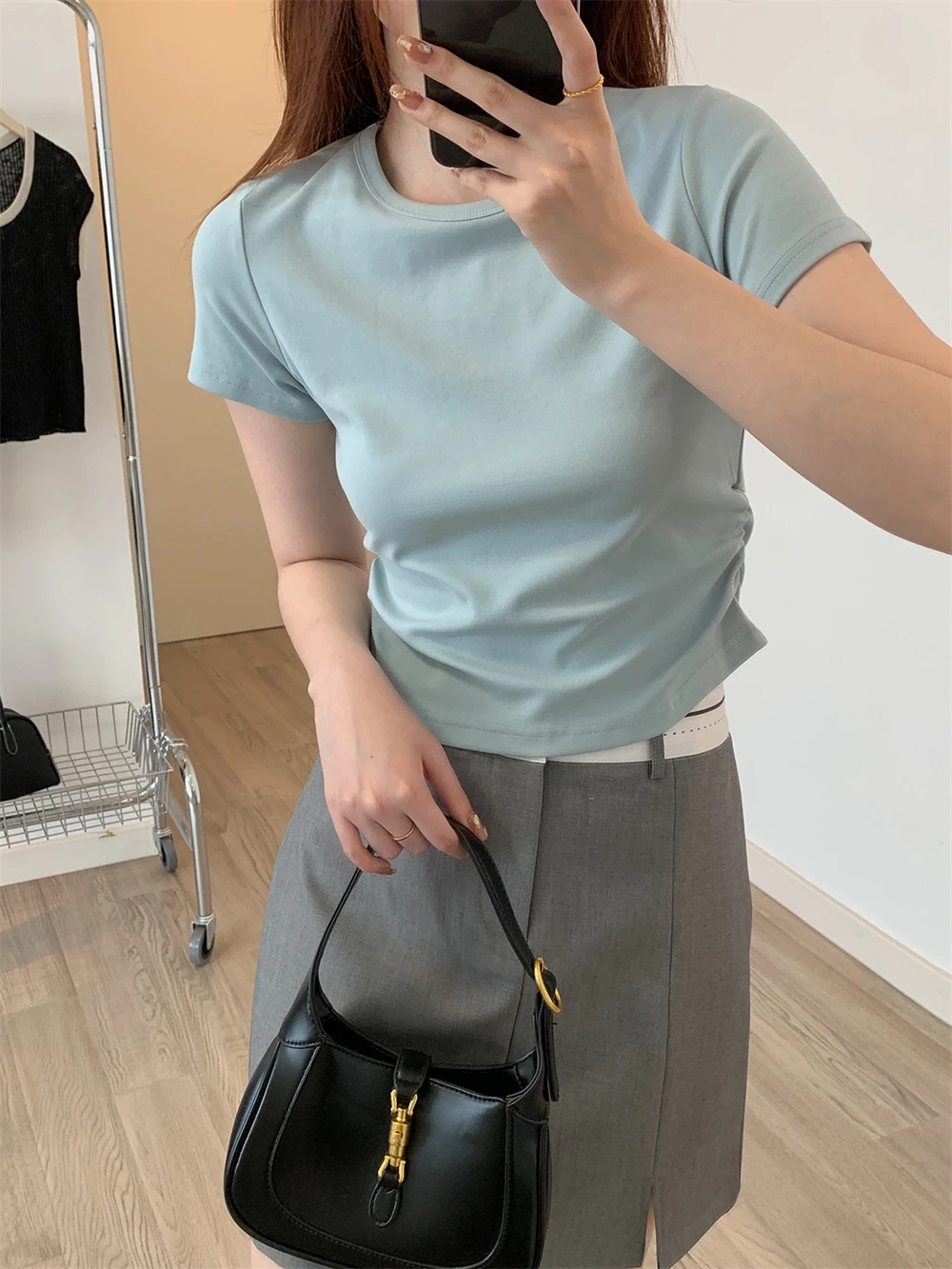 Female Round Neck Short Sleeve T-shirt Summer New Waist Pleated Design Tees Short Tops Basic All-match Slim Fit Bottoming Shirt