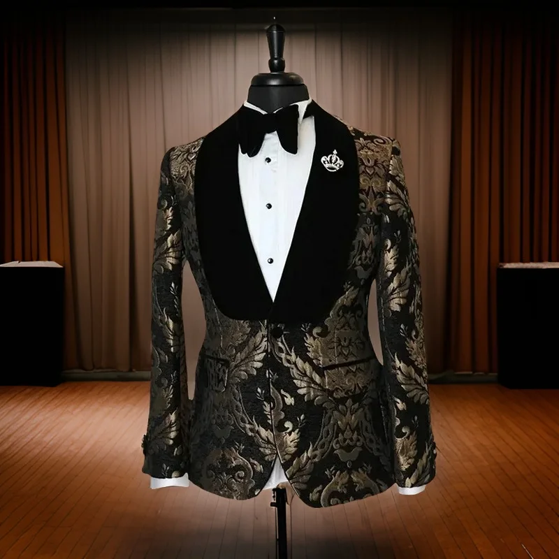 Floral Blazer for Men Slim Fit Shawl Lapel Velvet Smoking Male Suit Jacket 1 Pc Jacquard Fashion Coat 2024 Ready to ship