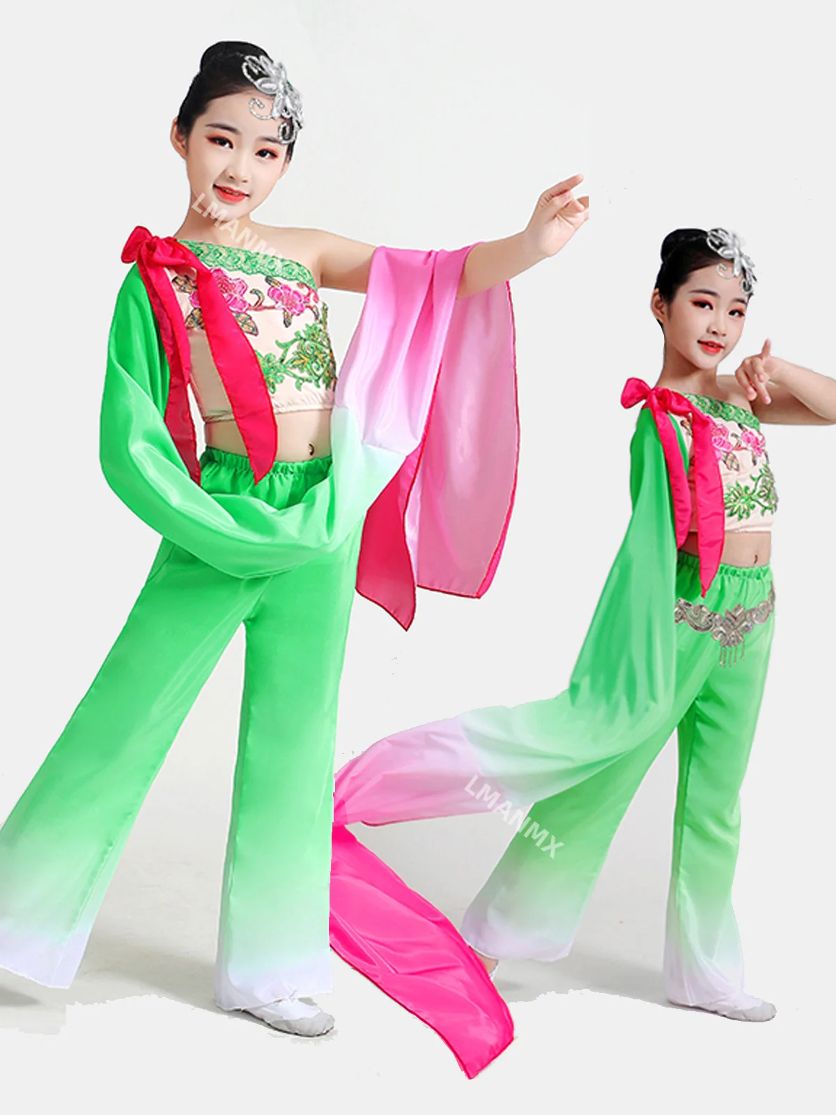 Único ombro manga comprida clássico estilo chinês dança étnica traje de dança infantil