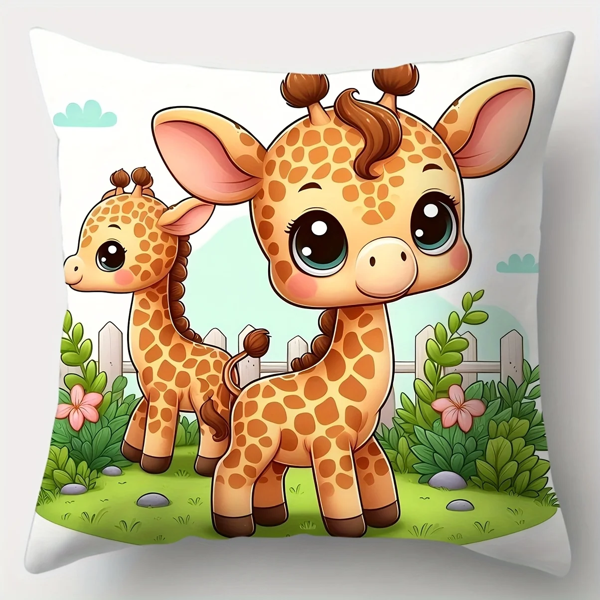 1pc 2D Flat (Pillow Not Included) Cute Baby Giraffes Safari Animals Cushion Cover ShortPlush Adorable Kids RoomDecor ThrowPillow