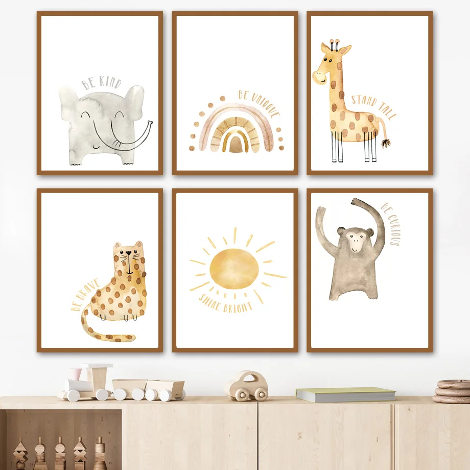 

Set Of 6 Boho Rainbow Sun Giraffe Elephant Cat Monkey Wall Art Print Canvas Painting Nordic Poster Pictures Baby Kids Room Decor