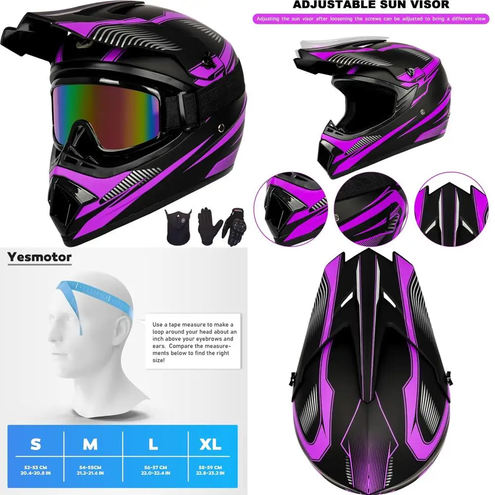 مجموعة خوذة الدراجة الترابية للشباب باللون الأرجواني مع قفازات ونظارات وقناع للأطفال 8-14، معدات أمان معتمدة من DOT