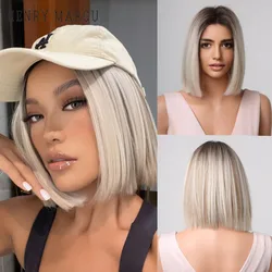 HENRY MARGU Short Bob Synthetic Wigs Ombre Black Brown White Natural Straight Wigs for Women Middle Part Daily Heat Resistant