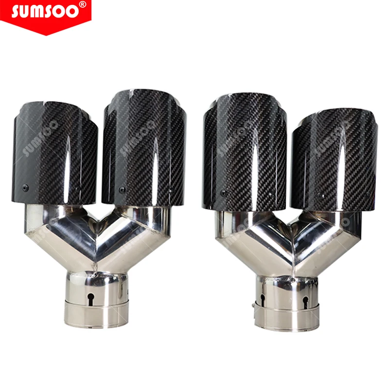 1PC Car Glossy Carbon Fiber Muffler Tip Y Shape Double Exit Exhaust Pipe Mufflers Nozzle Decoration Universal Stainless Black