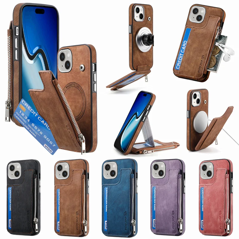 

Leather Magnetic Zipper Wallet Bracket Phone Case For iPhone 15 14 Plus 13 12 Pro Max For Magsafe Card Solt Coin Purse Bag Cover