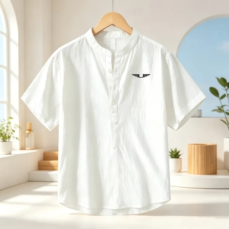Men's cotton and linen Henley collar short sleeved shirt, pattern printed breathable casual top, loose stand collar lightweight view 4