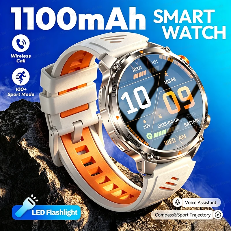 TANK New 1100mAh Battery Smart Watch Outdoor Tactics LED Flashlight IP68 Waterproof Compass Bluetooth Call Sports Fitness Watch